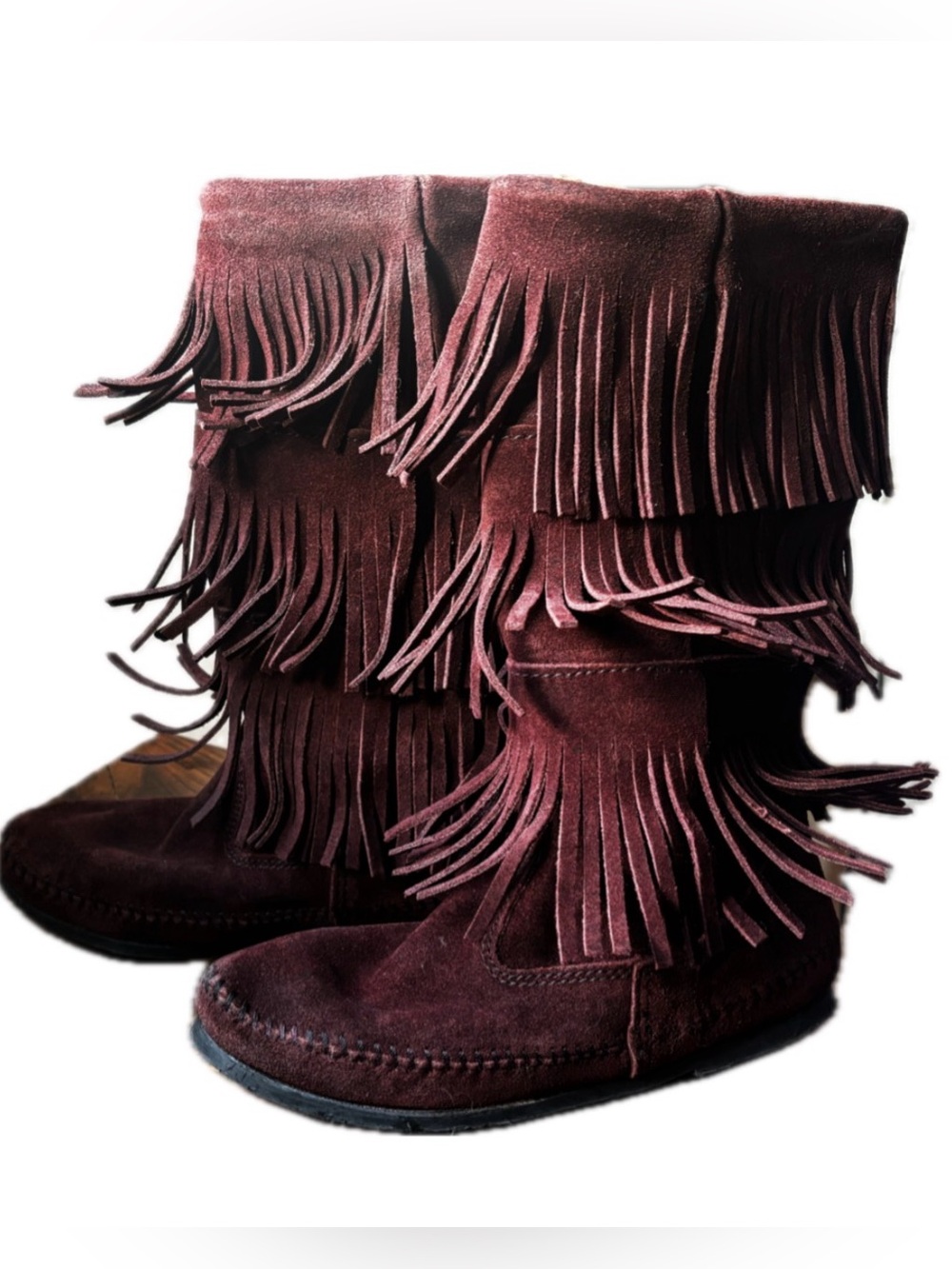 Minnetonka mid calf 3 layer Fringed Suede Boots - Burgundy